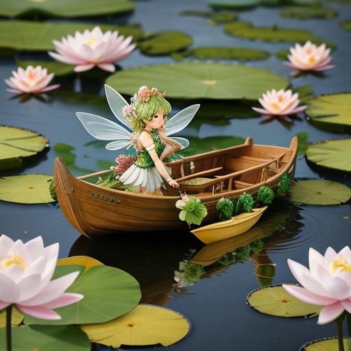 Fairy on Lotus Boat in Flower-Filled Pond