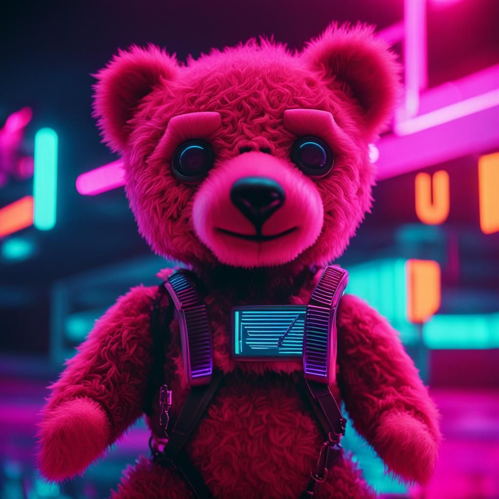 Cyberpunk Teddy Bear in Neon Dystopia