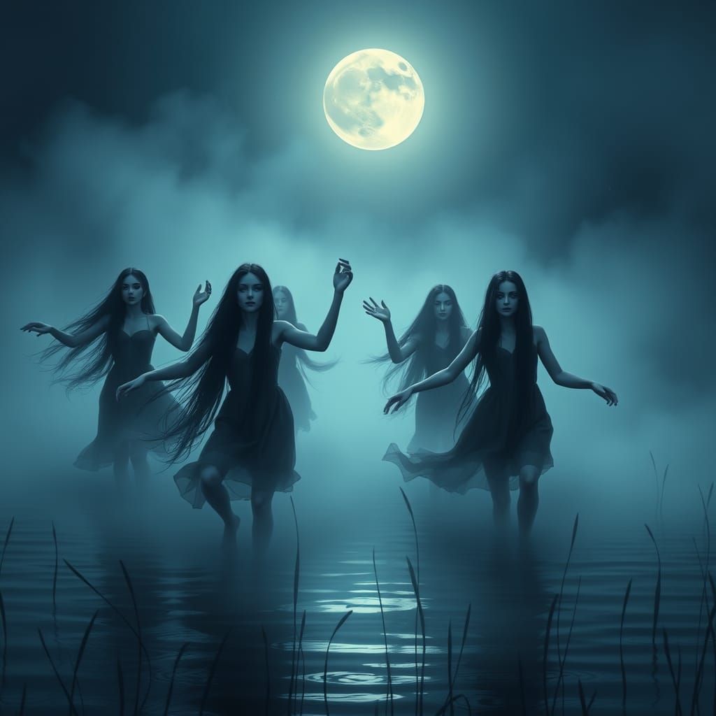 Slavic Water Nymphs Dance Under Moonlit Lake