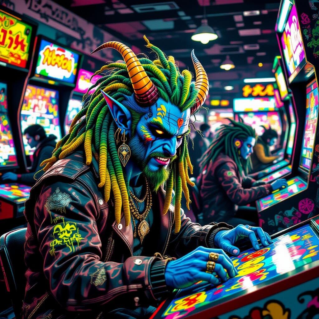 Blue Tiefling Plays Pac-Man in Vibrant J-Metal Arcade