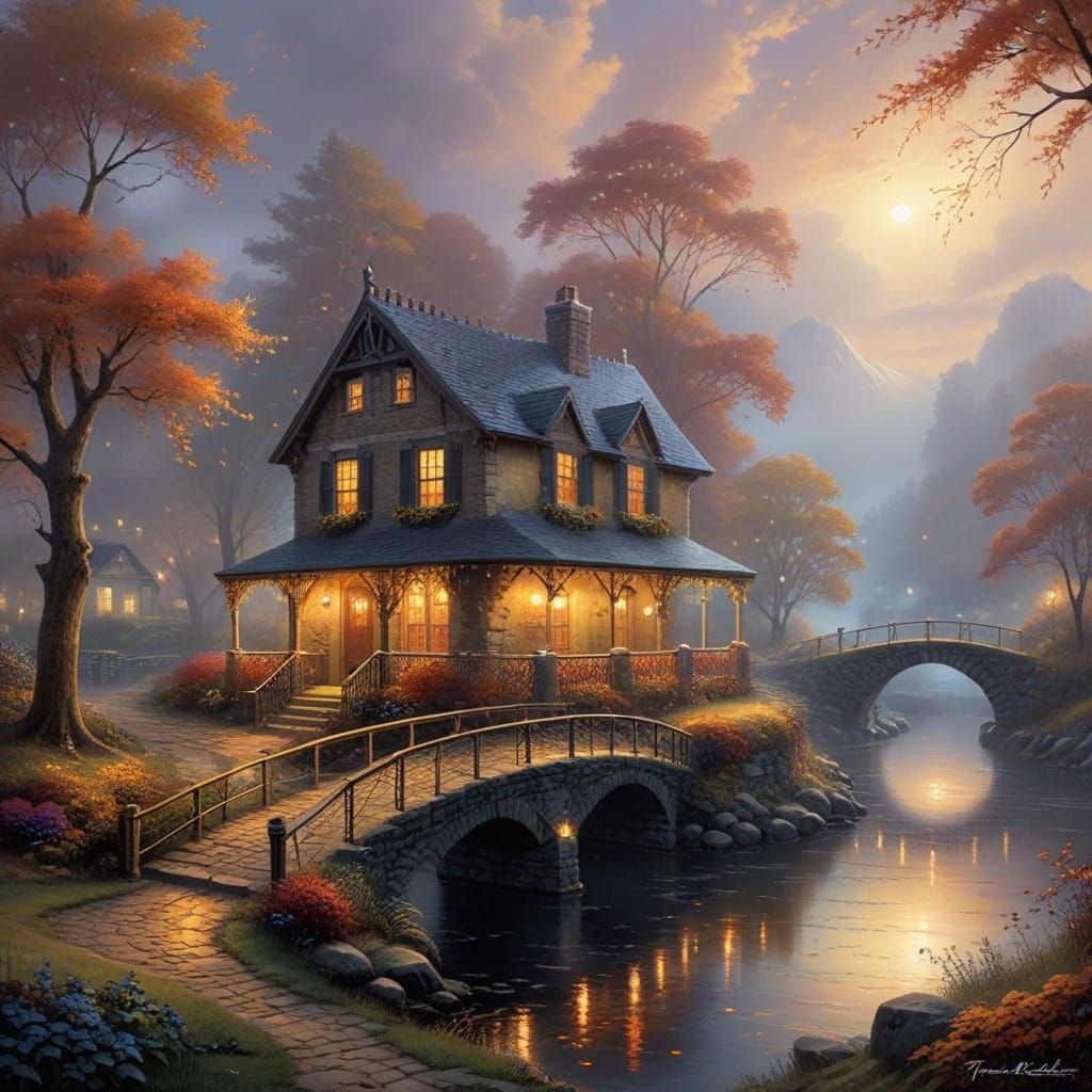 Ethereal Autumn Scene Under Bridge Lights at Night