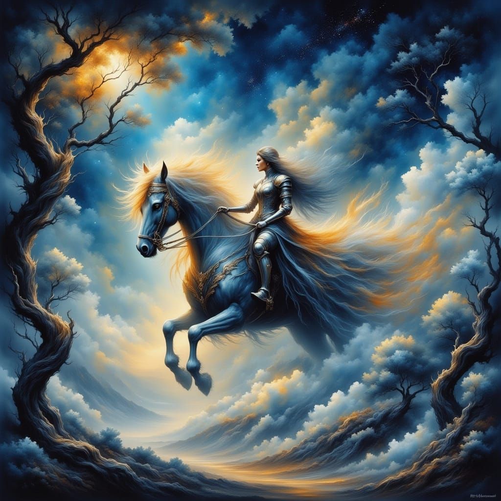 Knight on Cloud Horse Under Starry Sky