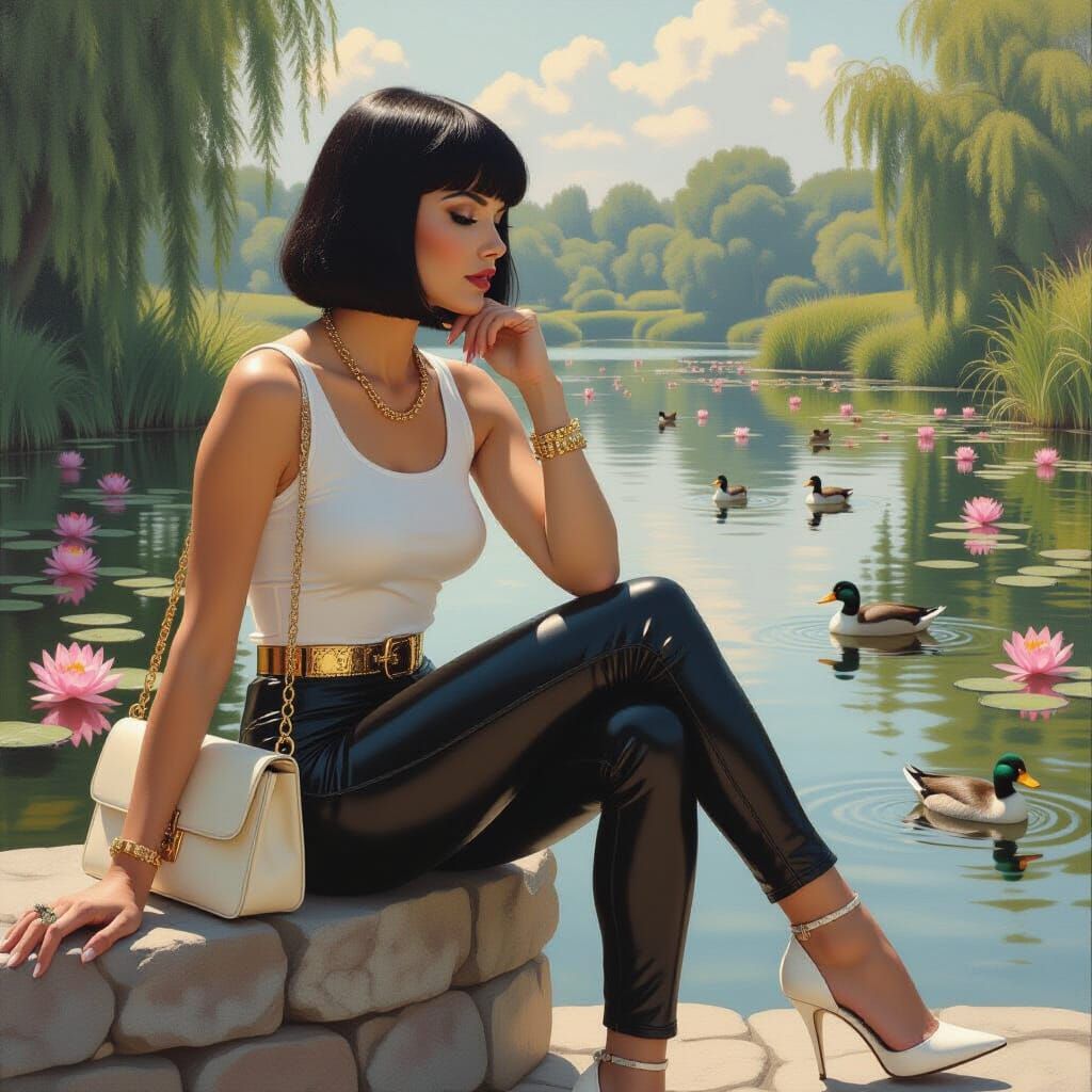 Woman by Pond in Hyperrealistic Style