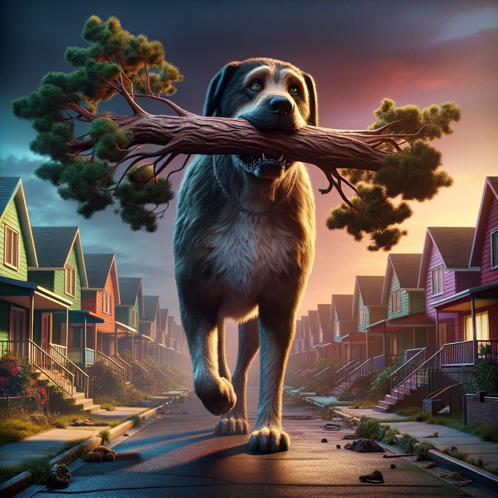 Gigantic Dog Fetching a Tree in Suburbia