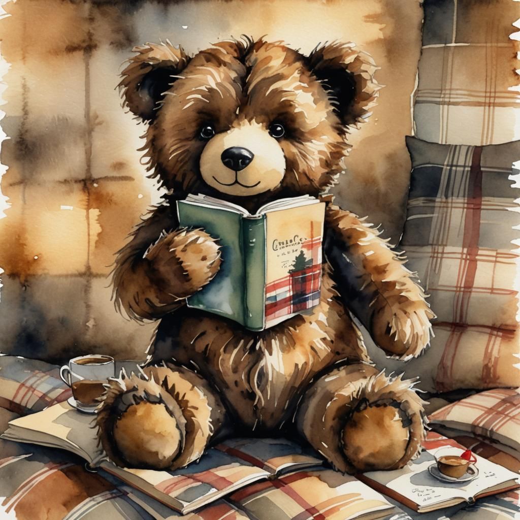 Teddy Bear's Coffee Break: Whimsical Watercolor Illustration