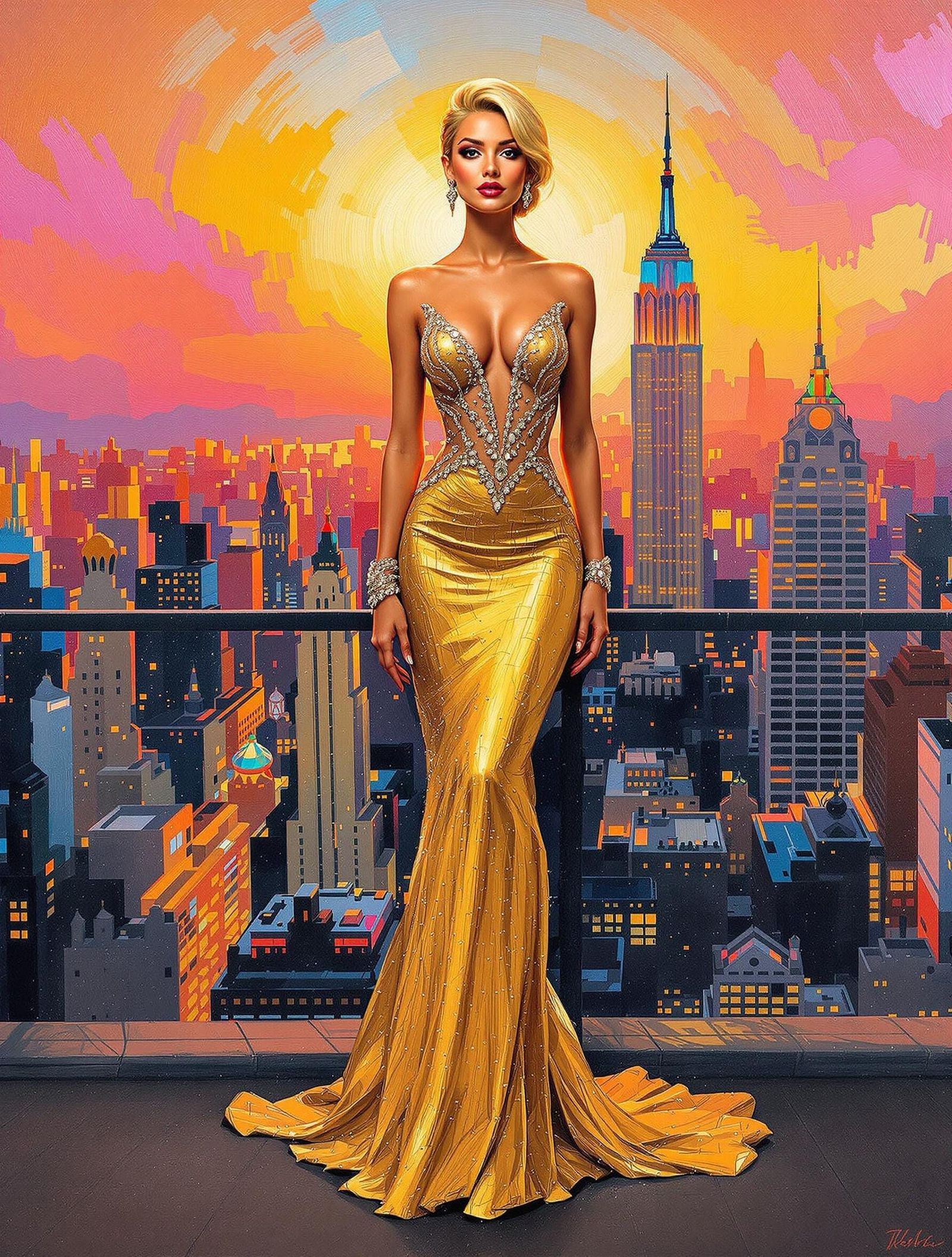 Elegant Woman in Gold Evening Gown, Cityscape at Sunset
