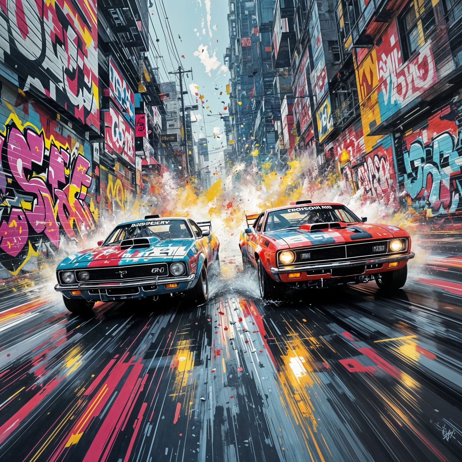 High-Contrast Street Race in Graffiti Art Style