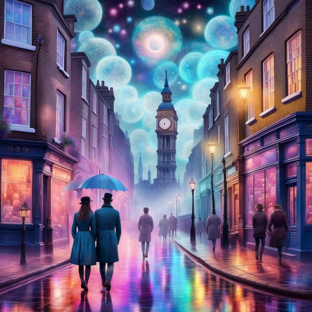 Misty London Street: Lovers in a Cosmic Embrace