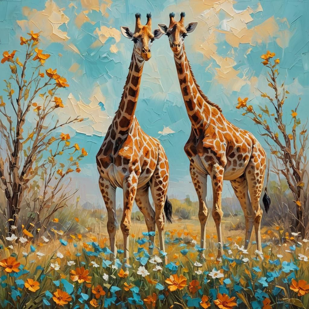 Desert Giraffe in Impasto Oil Painting Style