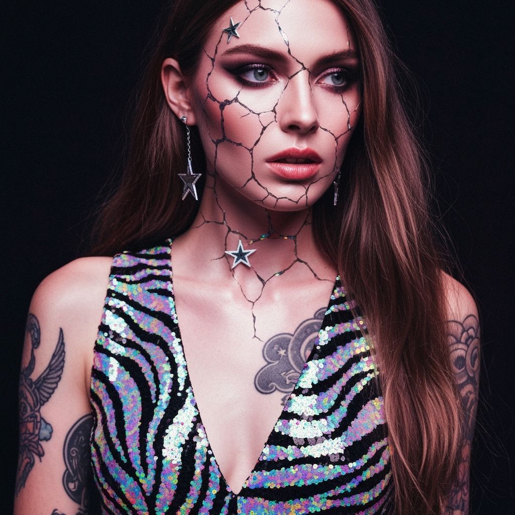 Retro-Futuristic Fashion Model with Iridescent Zebra Skin