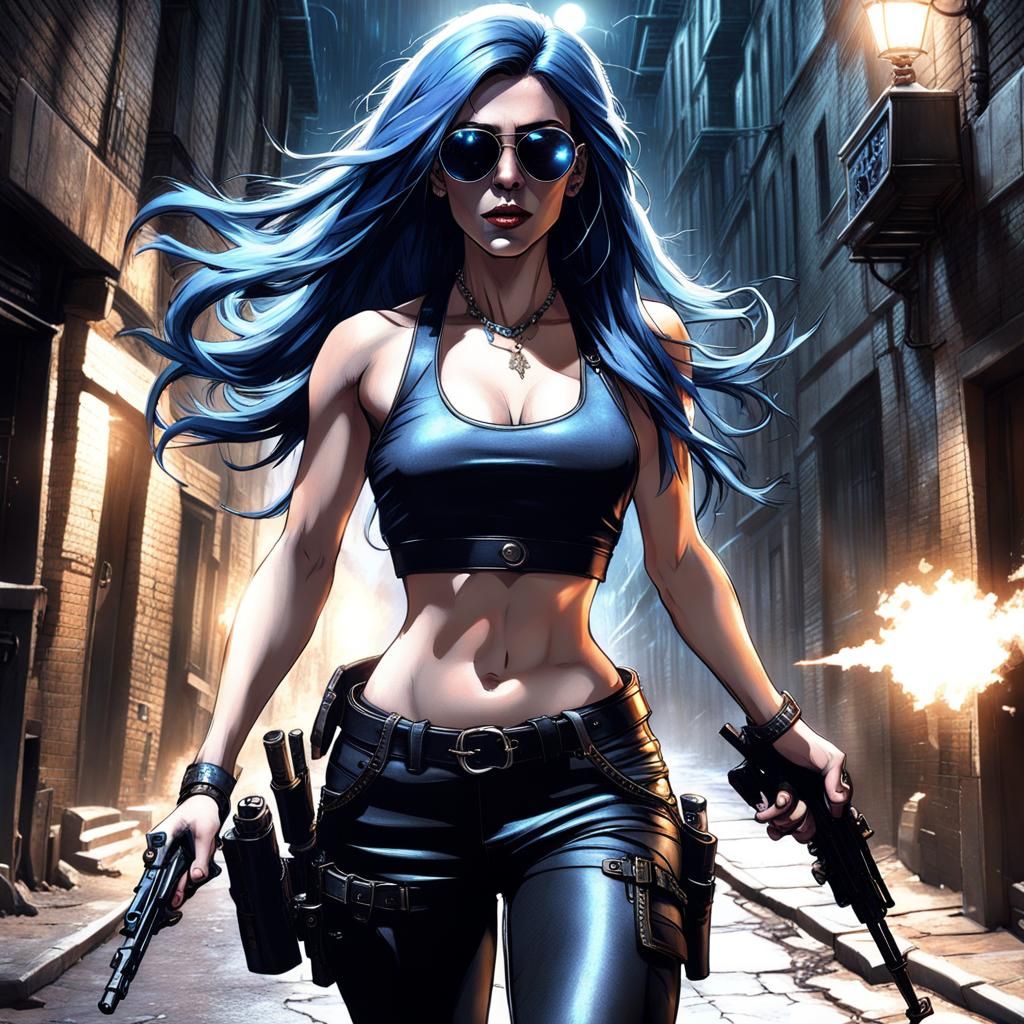 Woman Shooting Gun in Alleyway, Dark Fantasy Art