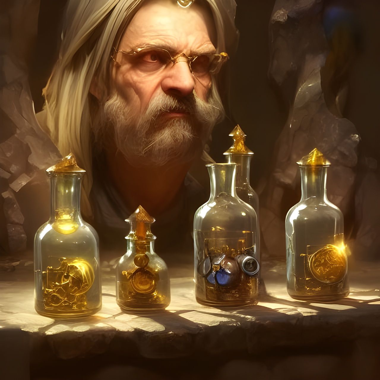 Hyperrealistic Alchemist Wizard with Gold Potions