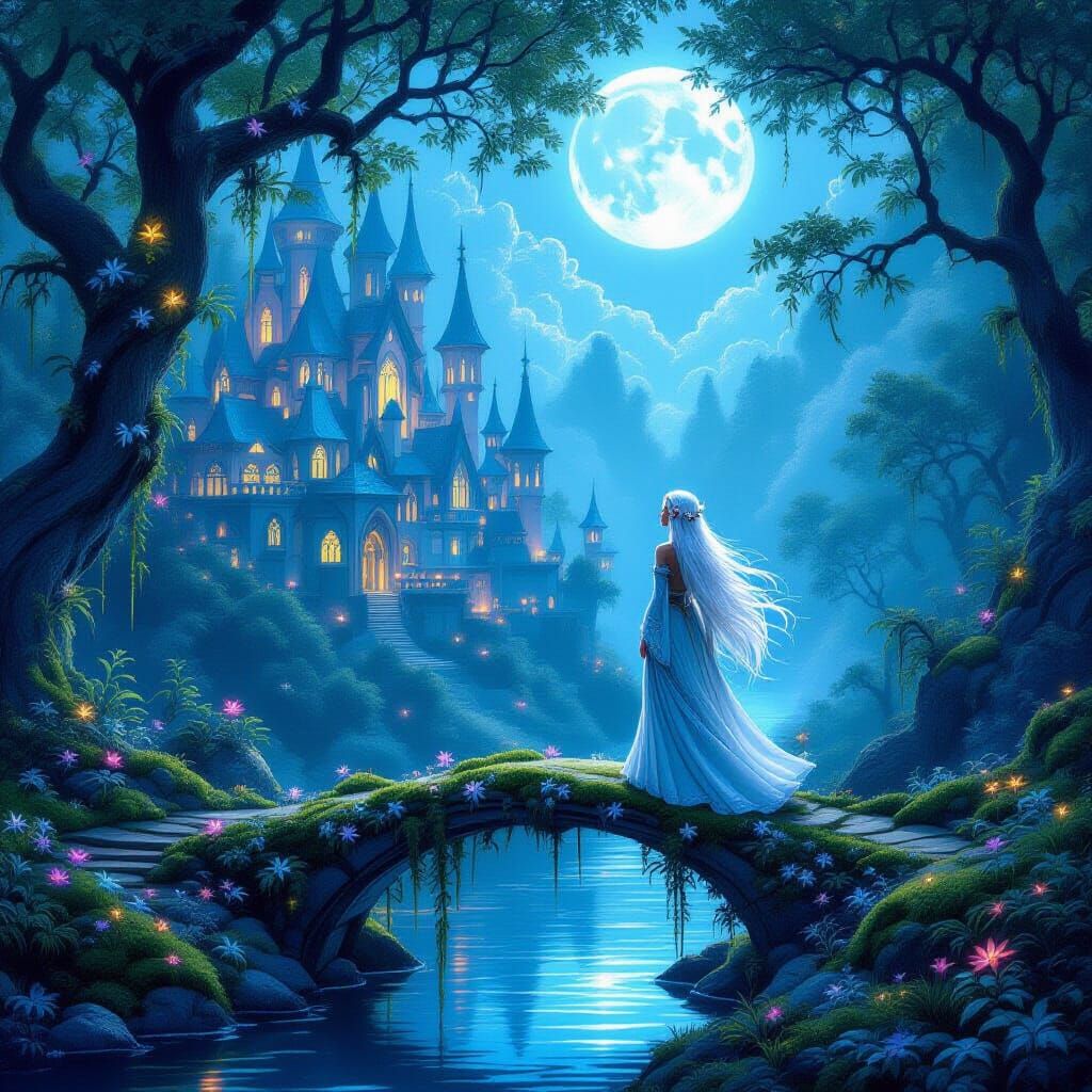 Whimsical Elven City Under Moonlight Fantasy Art