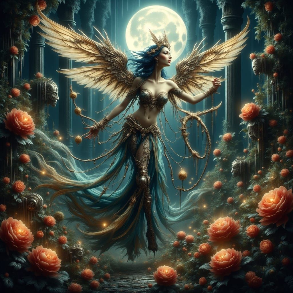 Cyborg Dances with Clockwork Wings, Neo-Baroque Style