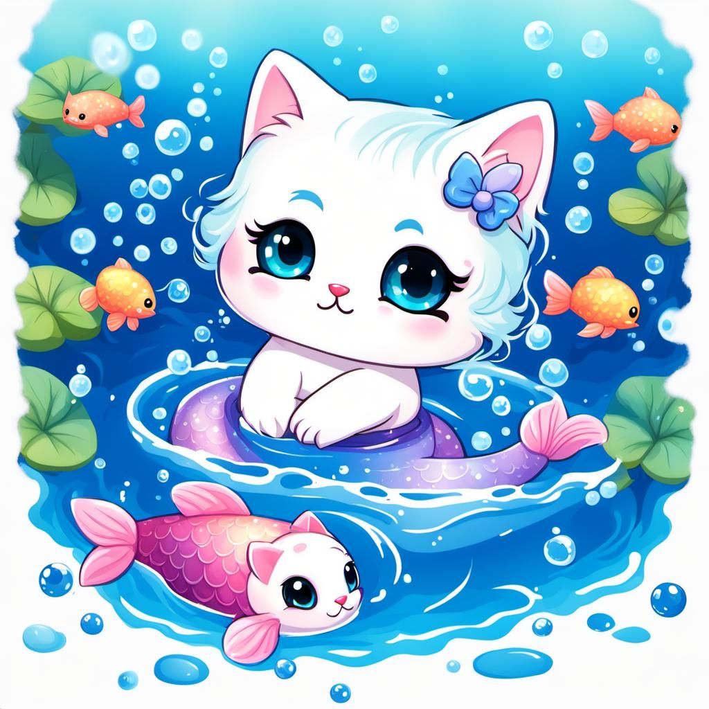 Chibi Mermaid Kitty in a Pool