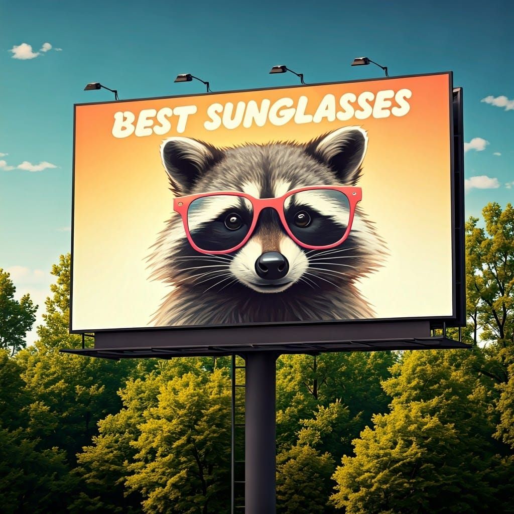 Glamorous Raccoon Billboard in Vibrant Watercolor Style