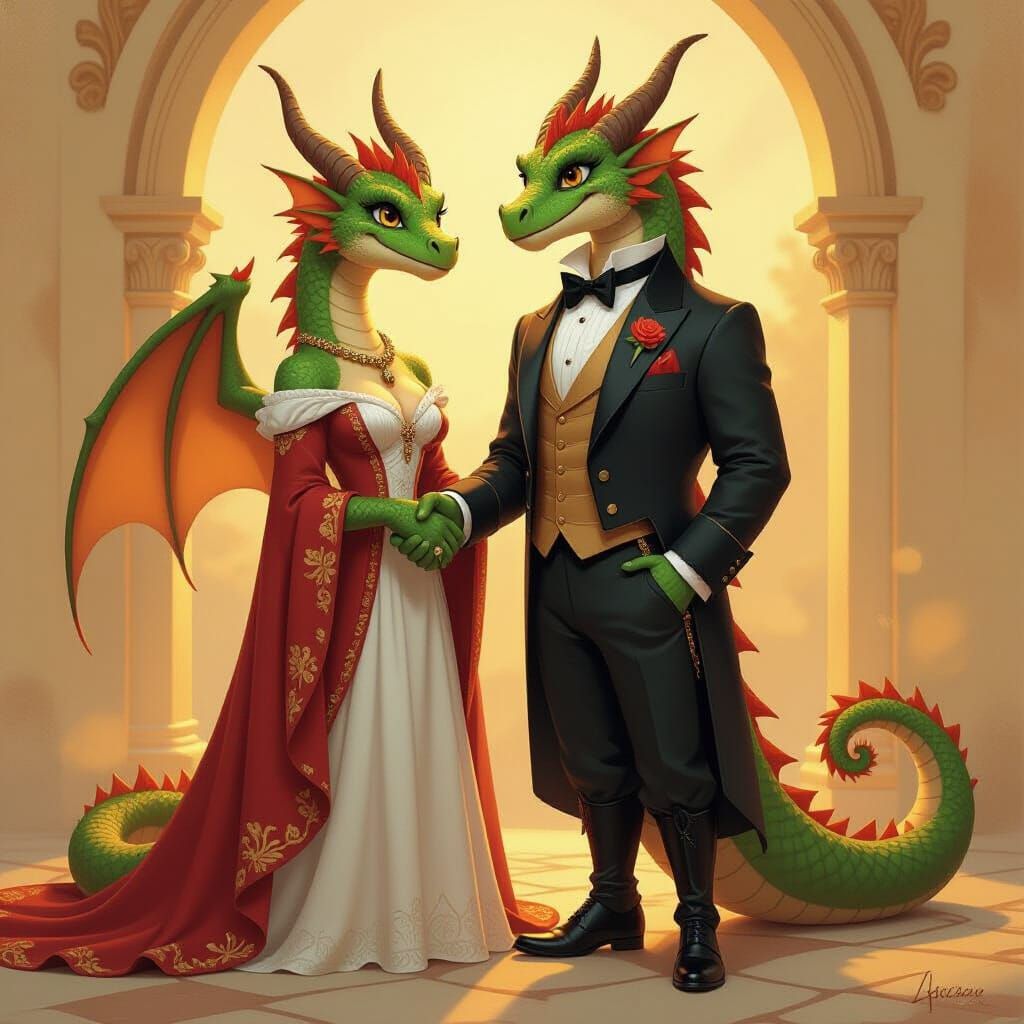 Dragon Husband in Golden Light, Whimsical Romantic Art