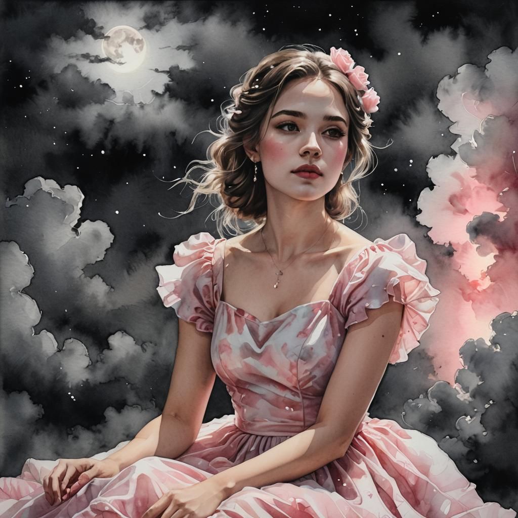 Ethereal Girl on Cloud in Black and White Watercolor