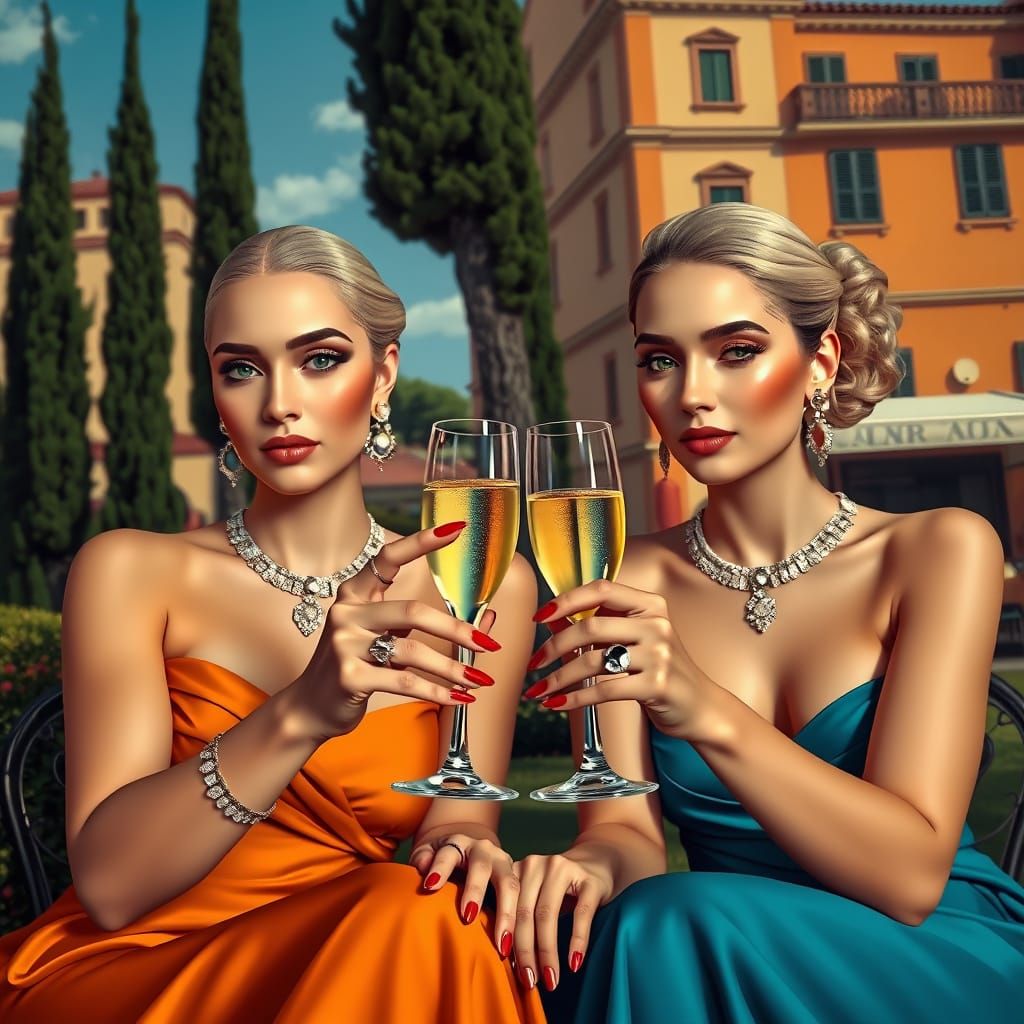 Elegant Women Toasting in Italy: Contemporary Art