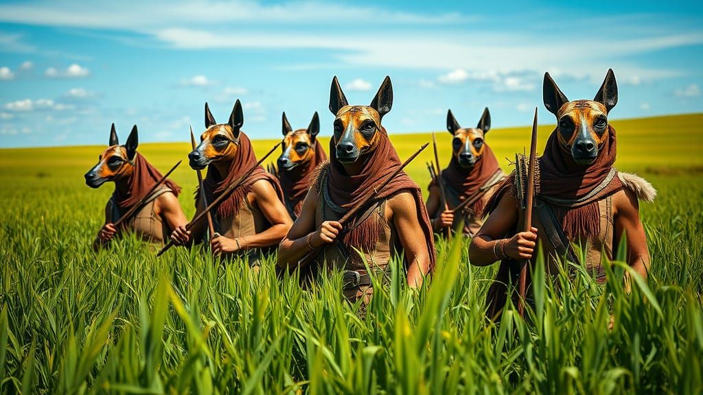 Dog-Masked Riders in Lush Green Plain Portrait