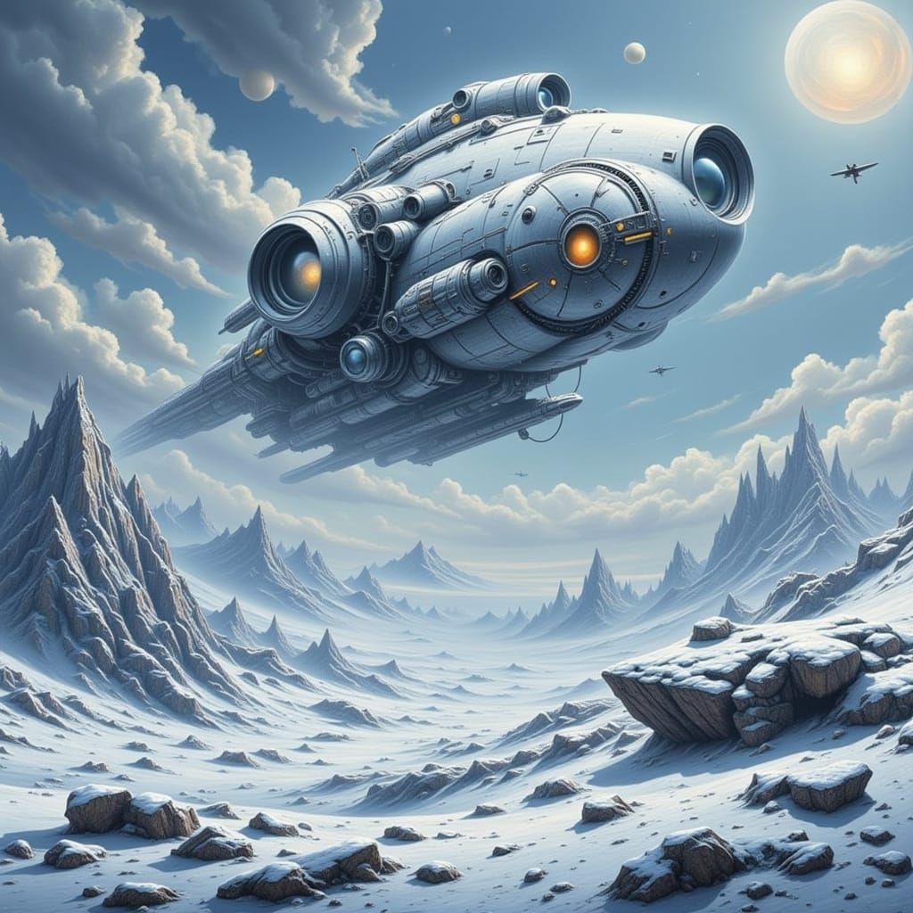 Futuristic Spacecraft Over Alien Winter Landscape