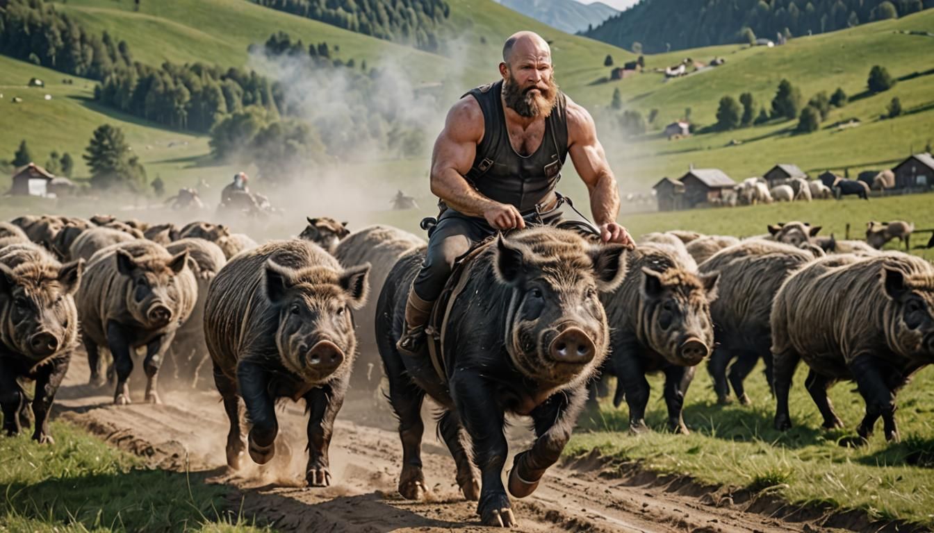Bavarian Man Rides Wild Pig in Milk Landscape