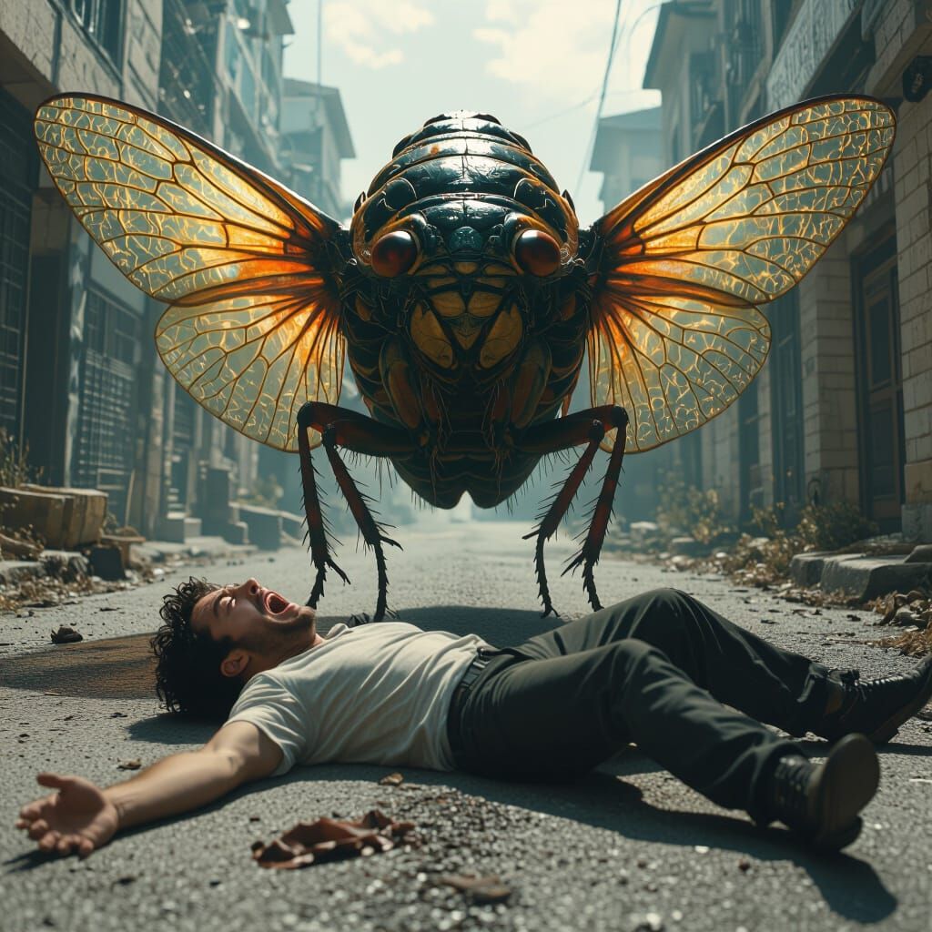 Giant Cicada Attacks Terrified Man Surrealist Horror
