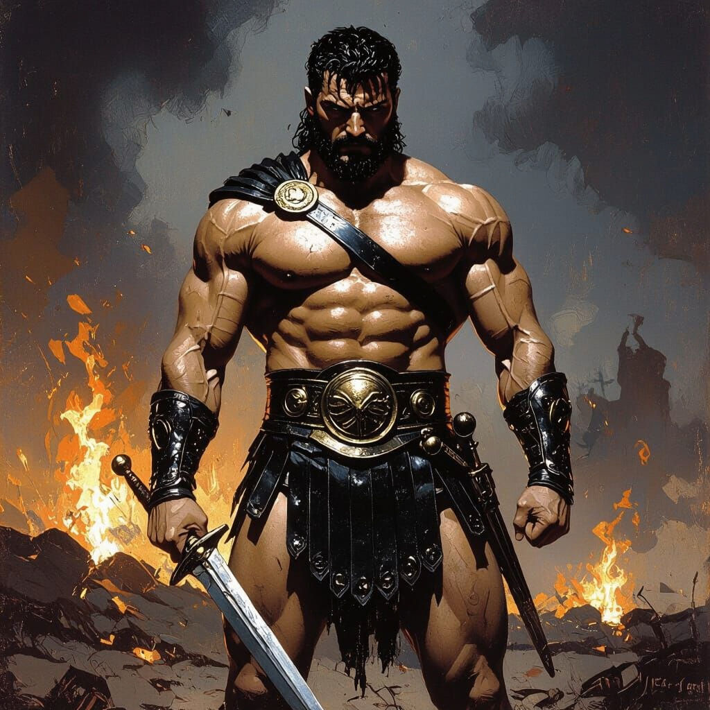 Greek Warrior with Gladius on Dark Battlefield