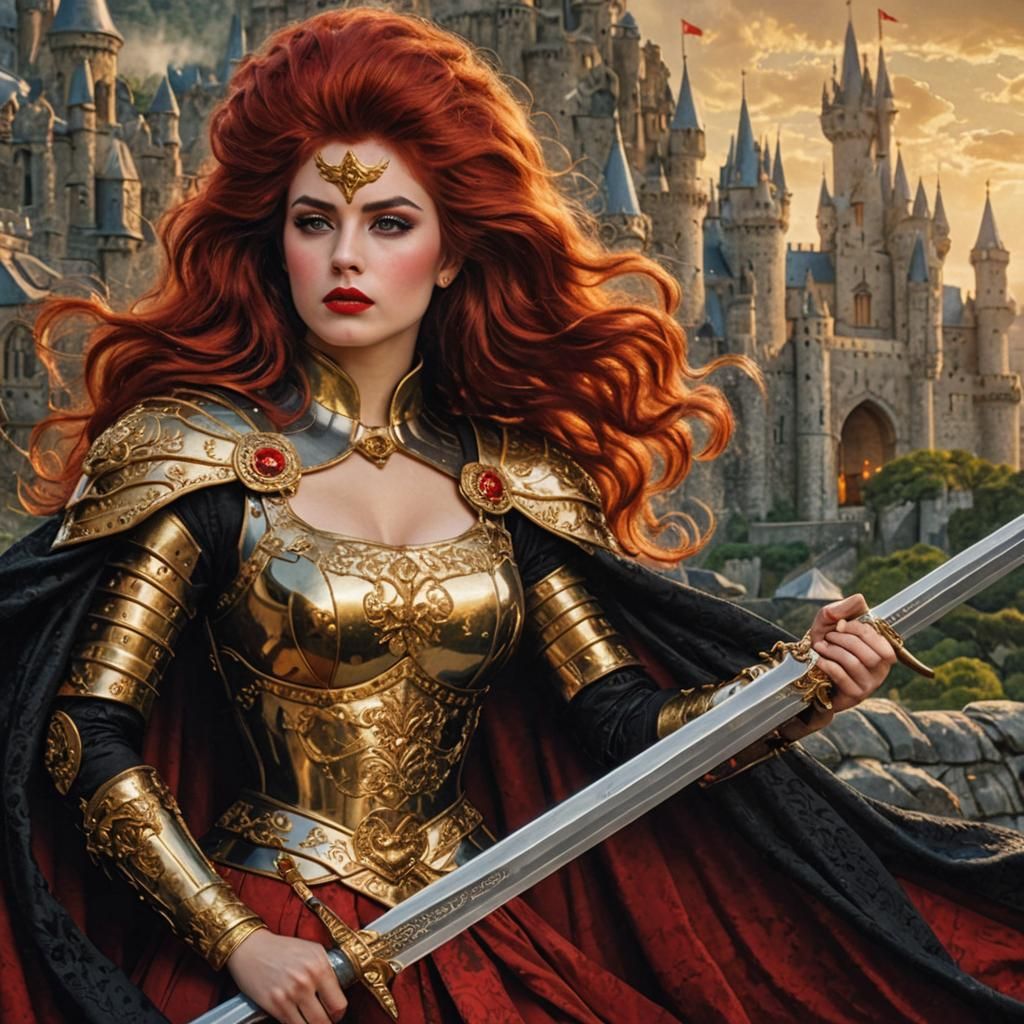 22 year old female warrior, luxurious lustrous red 1960’s ha...