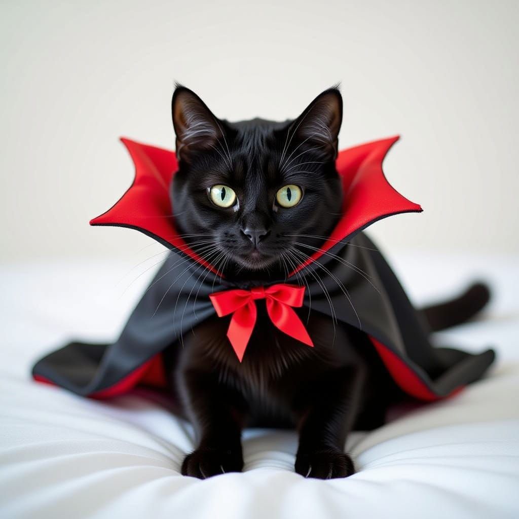 a black cat dressed as a vampire