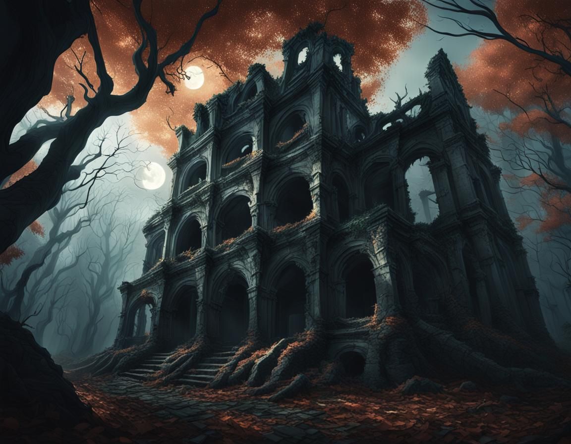 Eerie Autumn Ruins in Dark Fantasy Illustration