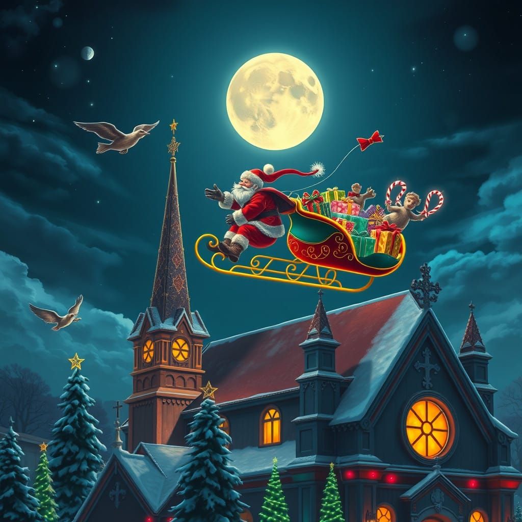 Surreal Santa Claus Scene in Neon Style over a Cathedral at....