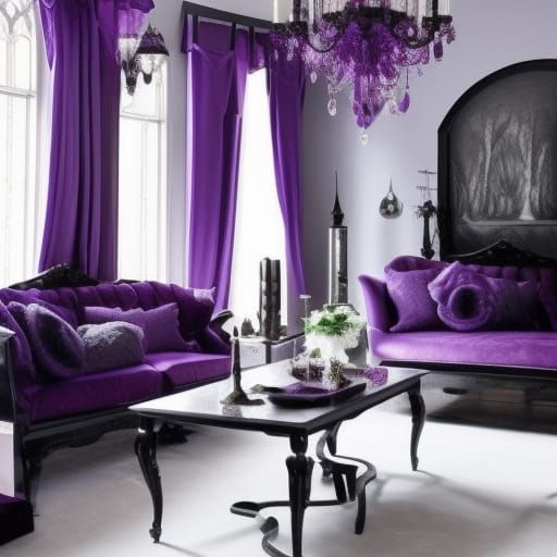 Ethereal gothic living room with black walls& black gothic windows with purple curtains& purple gothic furniture& purple...