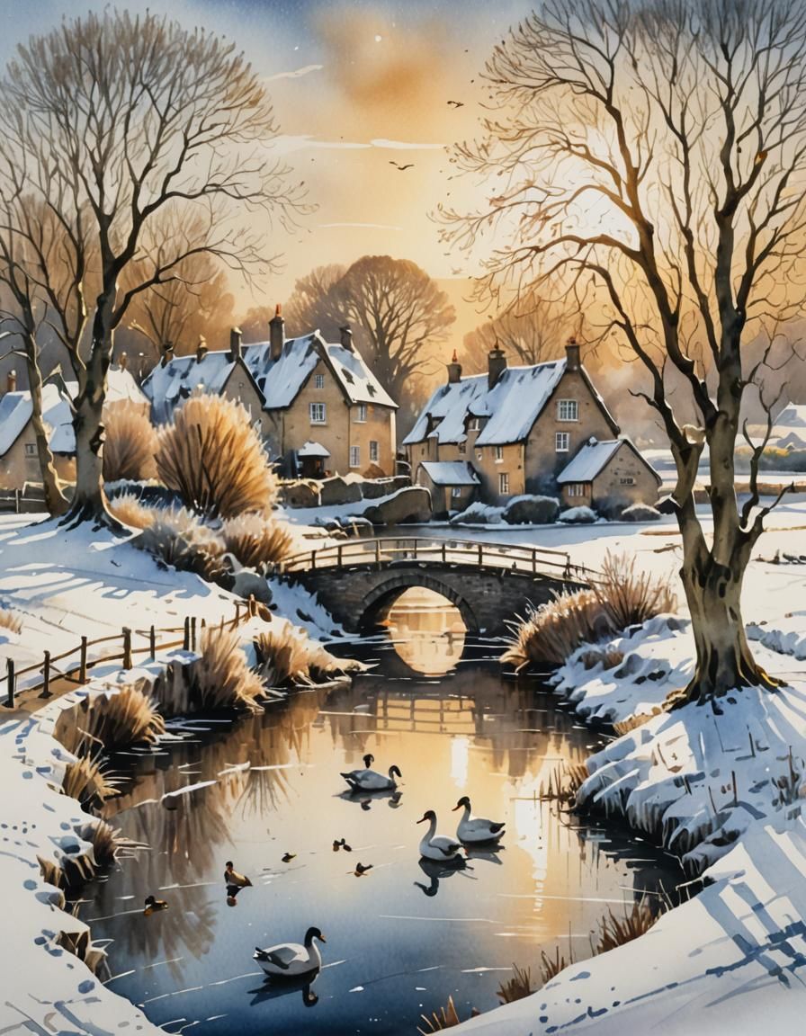 Serene Snowy English Countryside in Watercolor