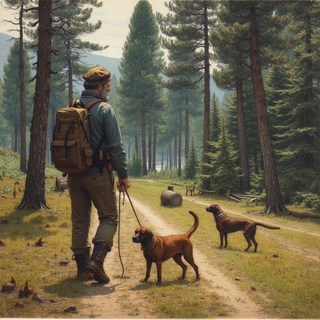 Elderly Hiker Surrounded by Labrador Dogs in a Serene Forest...
