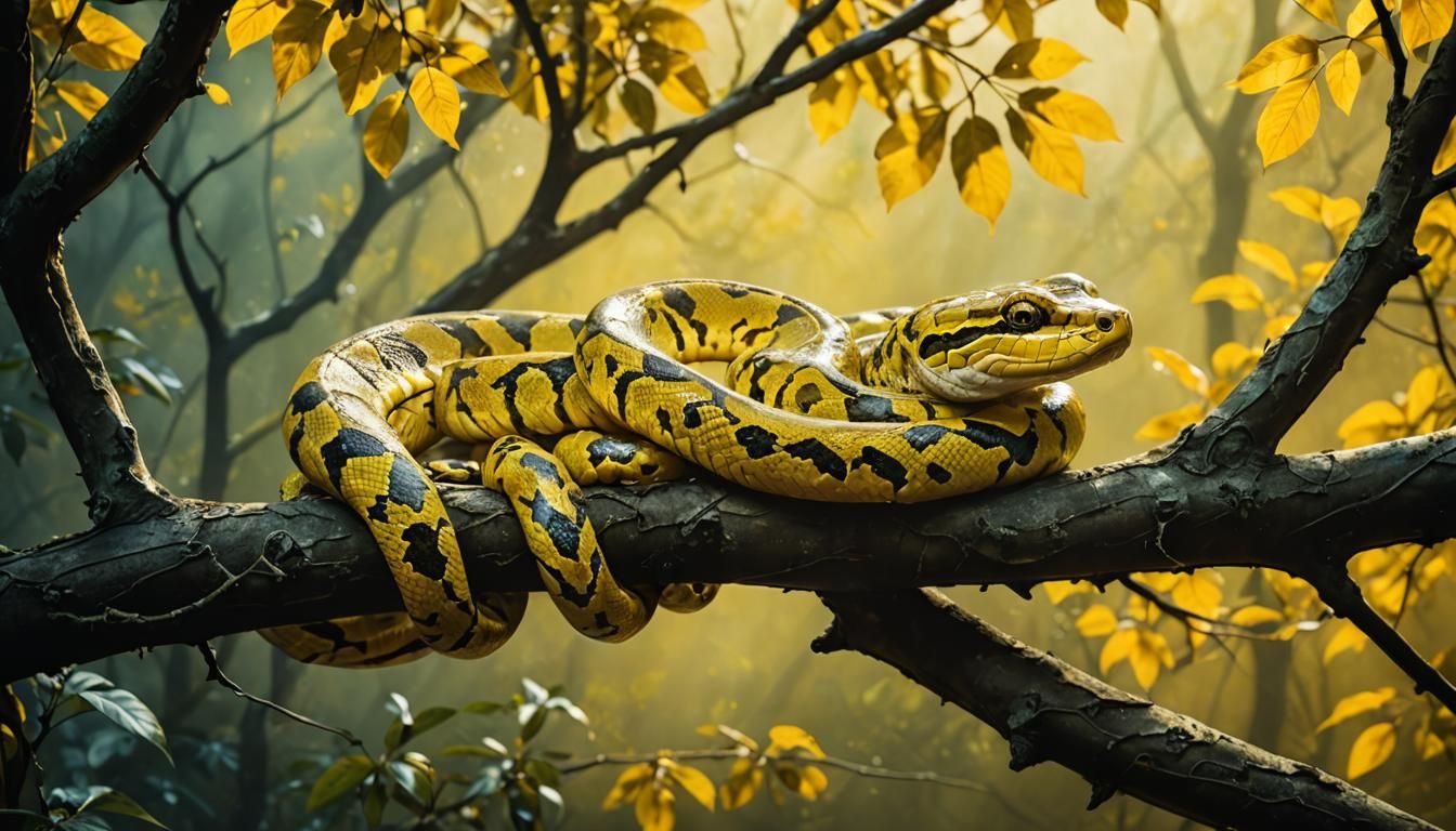 Burmese Python in Tree Branch, Tonalist Illustration