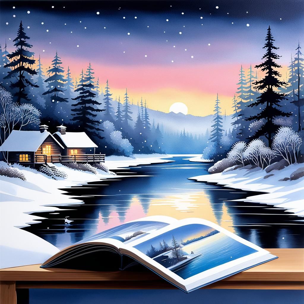 An illustration of a winter riverscape 3