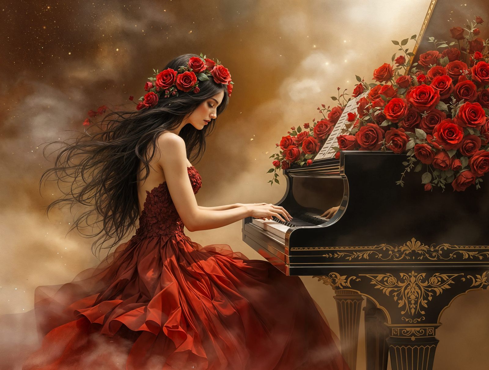 Elegant Woman Plays Grand Piano Amidst Romantic Mist