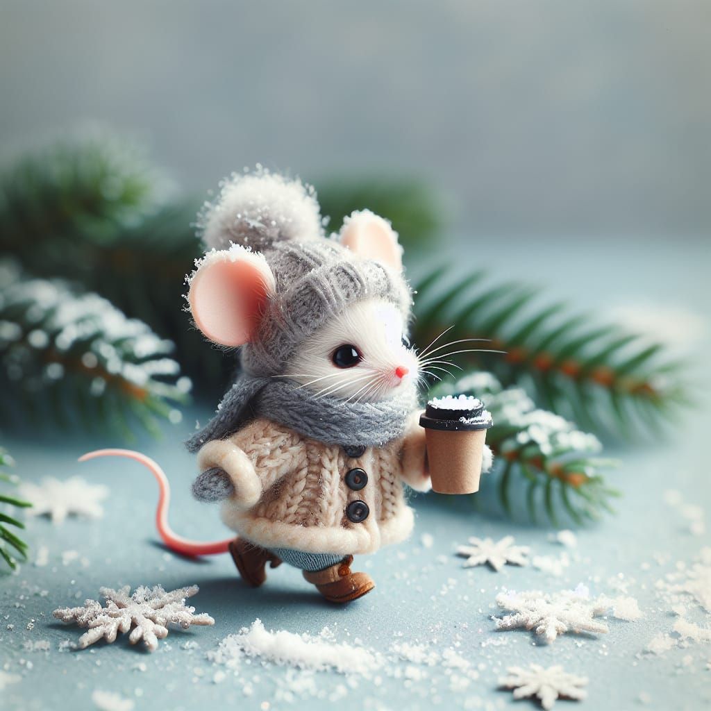 Whimsical Mouse Sips Coffee by a Frosty Snowbank