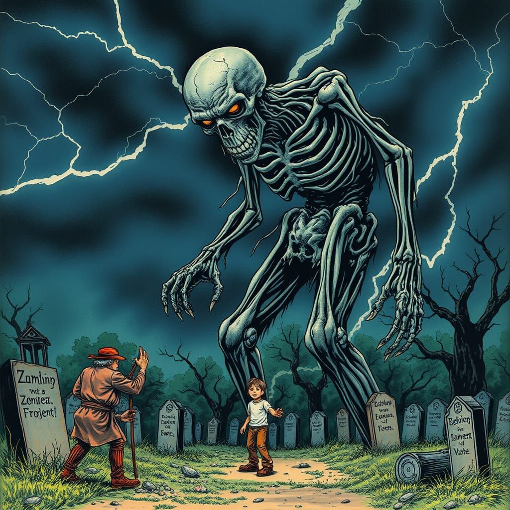 Giant Zombie Grabs Kid in Midnight Cemetery Storm