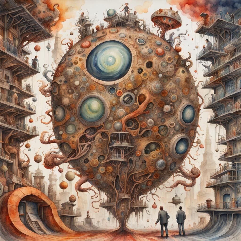 Intricate Sci-Fi Watercolor of Money Devilry