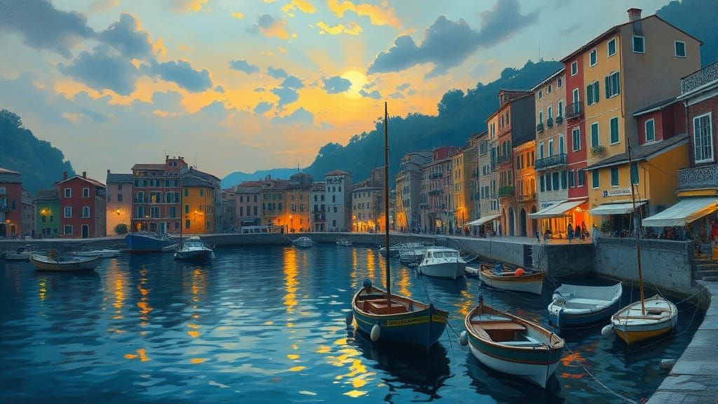 Italian Coastal Village at Twilight, Impressionistic Oil Pai...