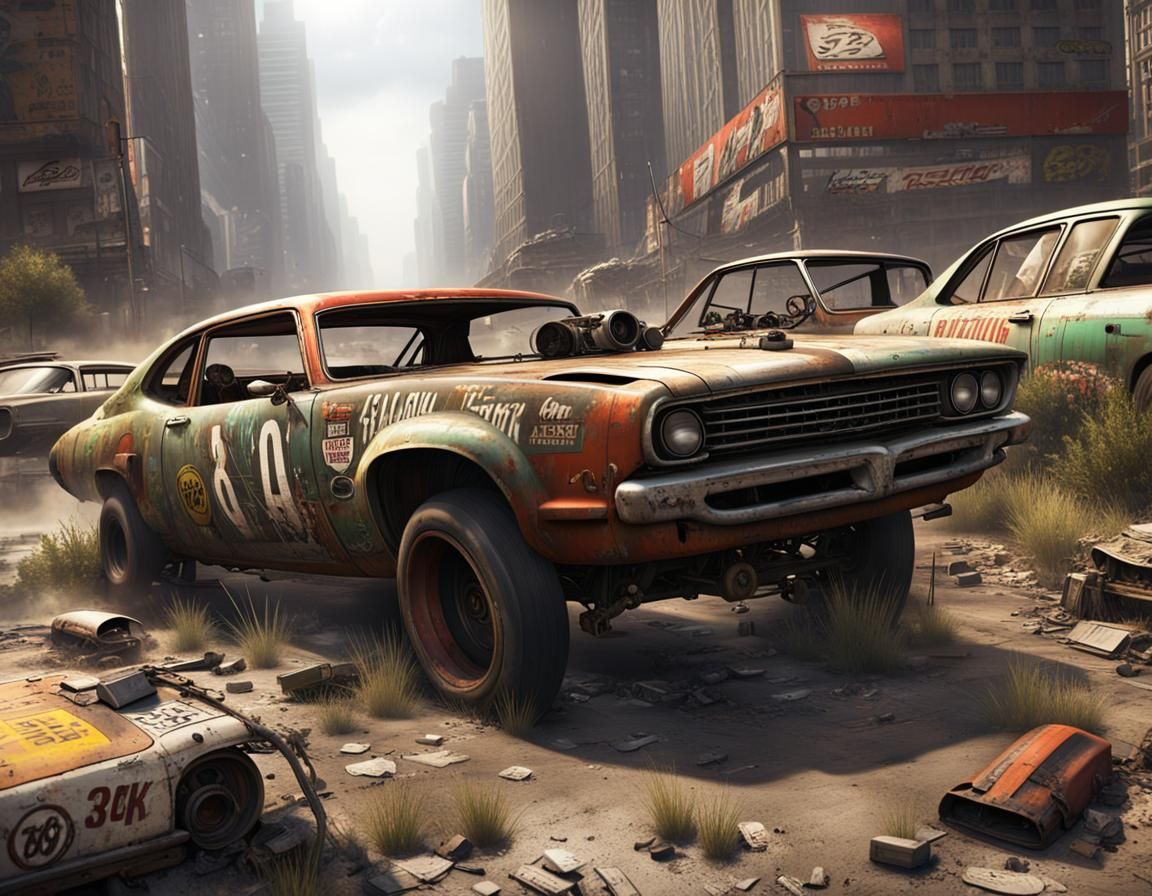 16k resolution, drag racing in a post-apocalyptic wasteland. Customized racing vehicles, made from salvaged parts and re...