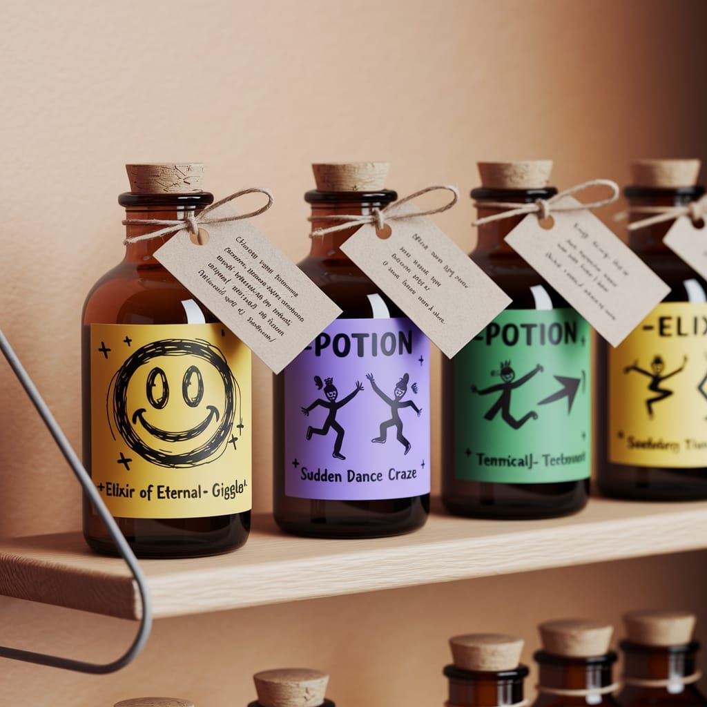 Vintage-Style Apothecary Bottles on Wooden Shelf