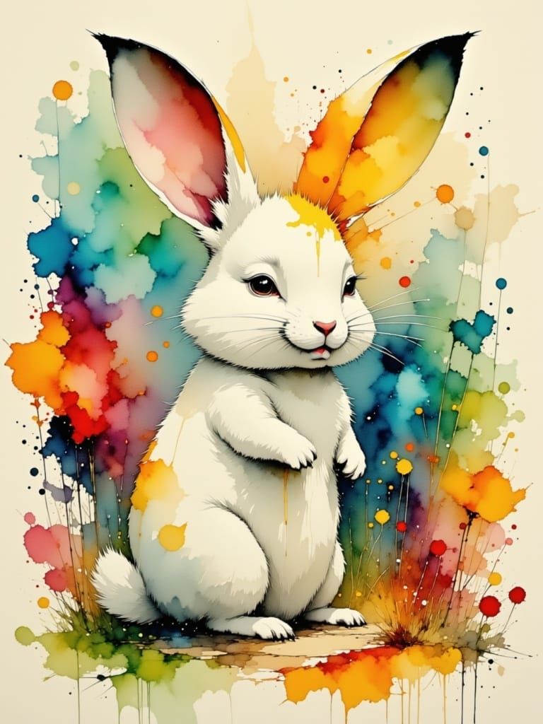 Cartoon Laughing Rabbit in Water-Ink Style