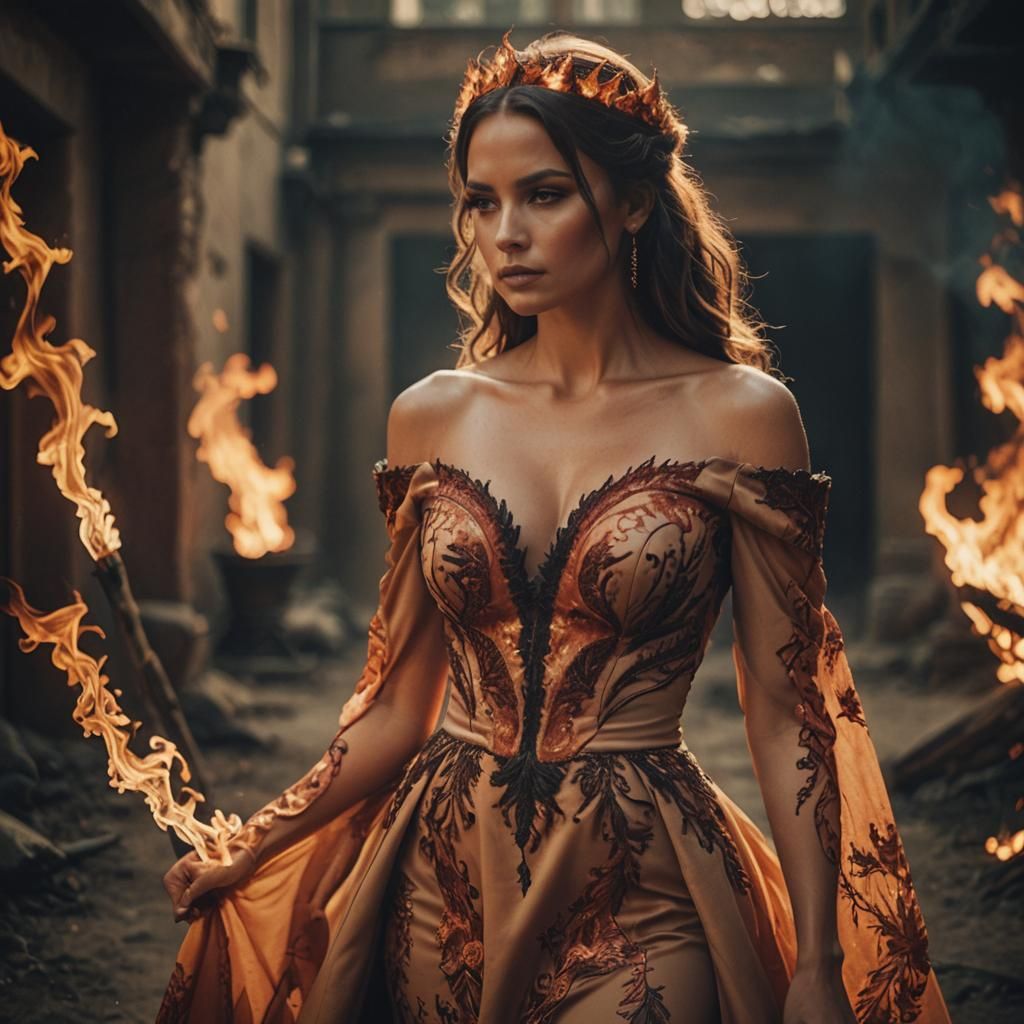 Fiery Gown: A Cinematic Portrait of an Attractive Woman