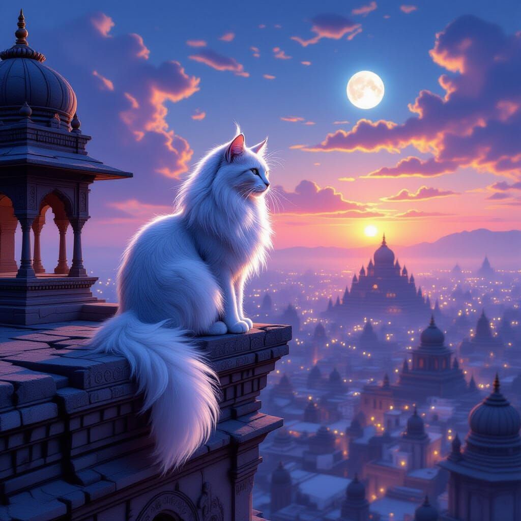 Ethereal Moonlight Cat on Ancient Temple Rooftop