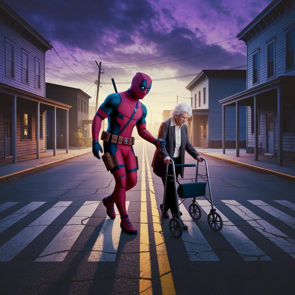 Deadpool's Heroic Twilight: A Photorealistic Ghost Town Scen...