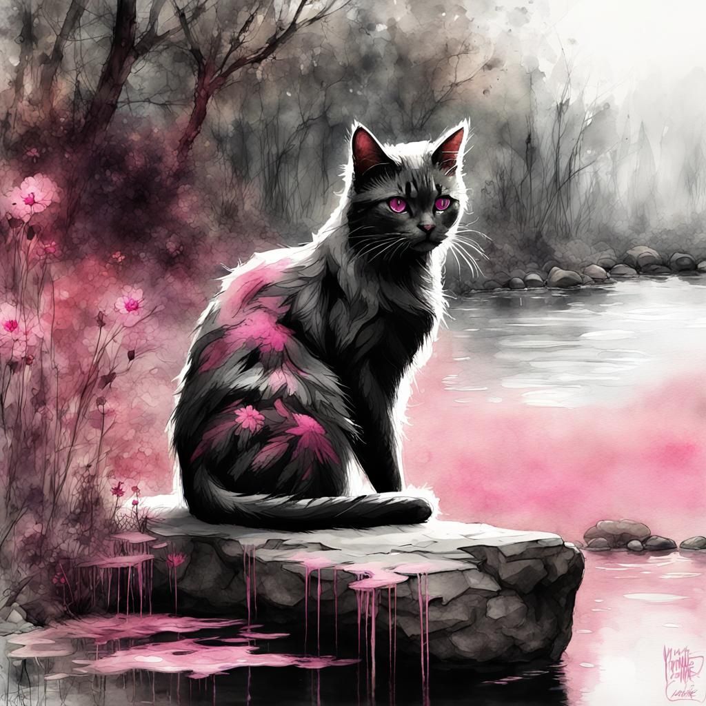 Fantasy Cat Portrait with Pink Eyes, Watercolor Art