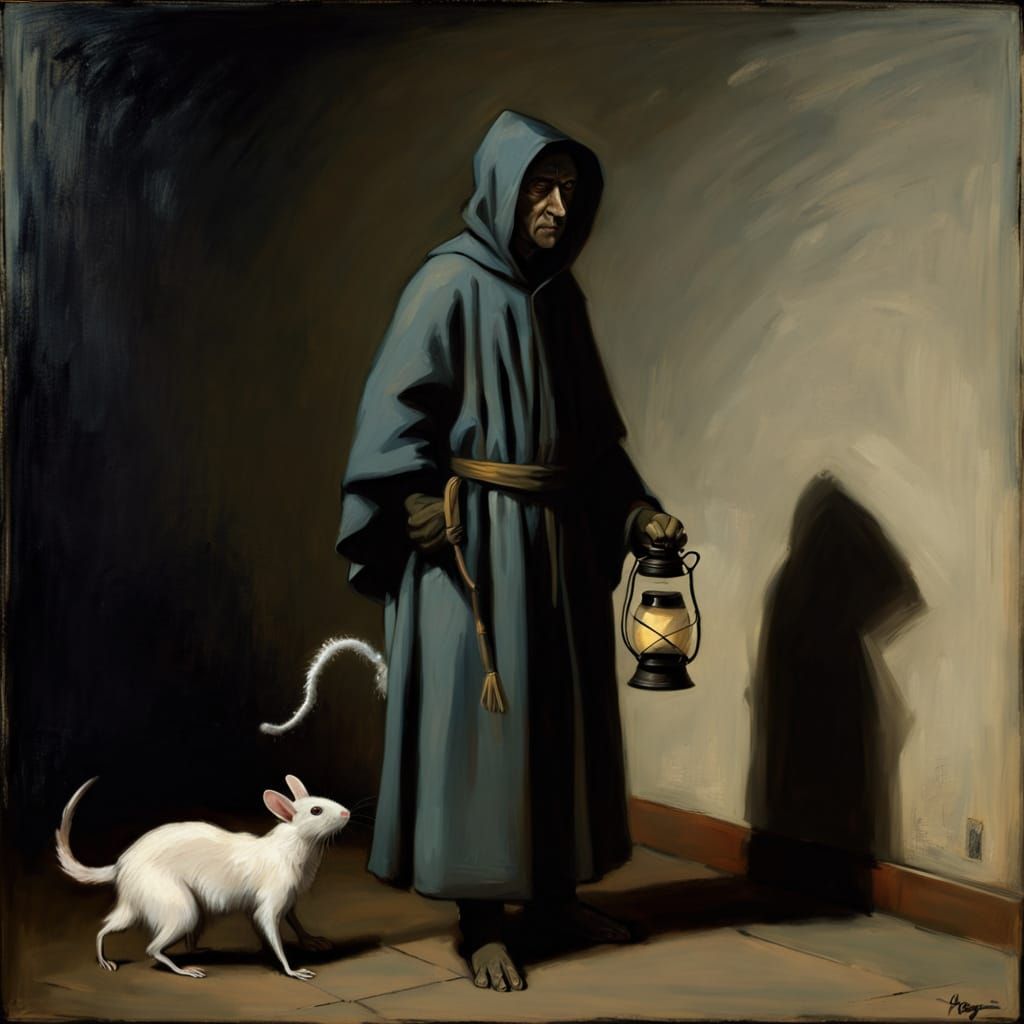 Cloaked Figure with Rat and Lantern in Goya-Hopper Style